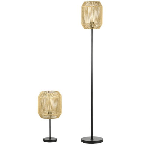 Rootz Floor Lamp - Bedside Lamp - 2-Part Light Set - 1 Floor Lamp - 1 Table Lamp - Metal/Paper String - Natural/Black - 38cm x 38cm x 158cm