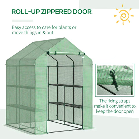 Rootz Foil Greenhouse - Walk-in Greenhouse With 8 Shelves - Tomato Greenhouse - Cold Frame With Door - Steel - PE Plastic - Green - 143 x 138 x 195 cm