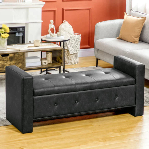 Rootz Bench - Elegant Design - With Storage Space - Elegant Imitation Leather Cover - Soft-close Hinges - Dark Grey - 139 x 49 x 68cm