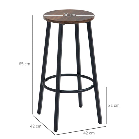 Rootz Bar Stools - Set Of 2 Kitchen Breakfast Stools - Sturdy Steel Frame - Industrial Tall Bar Chairs - 65cm High Seat - Footrest - Rustic Brown - 42 x 42 x 65 cm