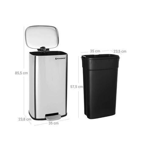 Rootz Prullenbak - Prullenbak - Prullenbak Met Soft Close Functie - Keukenprullenbak - Afvalbak - Stijlvolle Keukenvuilnisbak - Staal - Kunststof - Zilver - 35 x 23,8 x 63 cm (B x H x D)