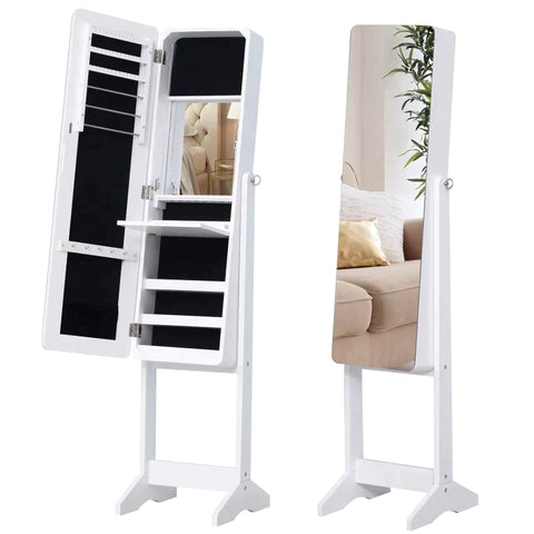 Rootz Jewelry Cabinet - Led Jewelry Cabinet - Interior Mirror - Mirror Cabinet - Foldable Shelf - Standing Mirror - White - 146cm