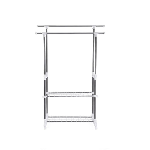 Rootz Clothes Rack - Extendable Clothes Rack 2 Bars - Industrial Style - Height-adjustable - Coat Stand With Wheels - Freestanding Clothes Organizer - Mobile Clothing Storage - Stainless Steel - PP Plastic - Gray - 22.5 x 9 x 103.5 cm