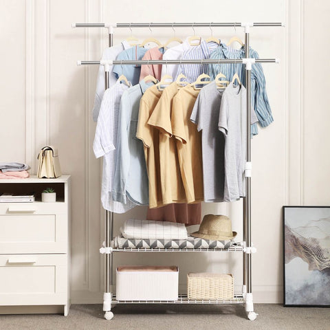 Rootz Clothes Rack - Extendable Clothes Rack 2 Bars - Industrial Style - Height-adjustable - Coat Stand With Wheels - Freestanding Clothes Organizer - Mobile Clothing Storage - Stainless Steel - PP Plastic - Gray - 22.5 x 9 x 103.5 cm