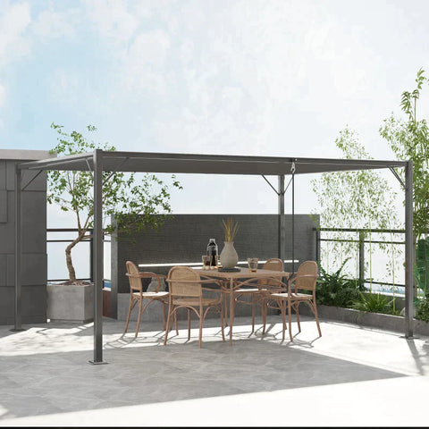 Rootz Pergola - Gazebo - With Slat Roof - Garden Gazebo - BBQ Gazebo - With Hand Crank - Roof Adjustable - Weatherproof - Aluminum - Grey - 3.95L x 2.95W x 2.13H m