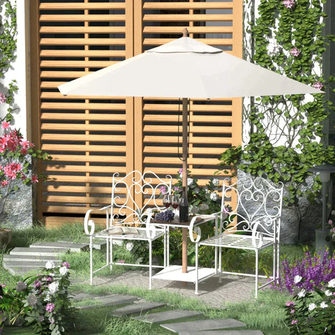 Rootz Metal Chair - Metal Bench With Table - Home - Balcony - Garden - White - 160L x 61W x 96H cm