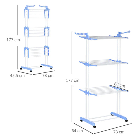 Rootz Clothes Airer - 4 Levels - Foldable - 4 Wheels - Robust - 2 Brakes - Rust-proof Steel - Metal Frame - Blue + White - 73 x 64 x 177cm
