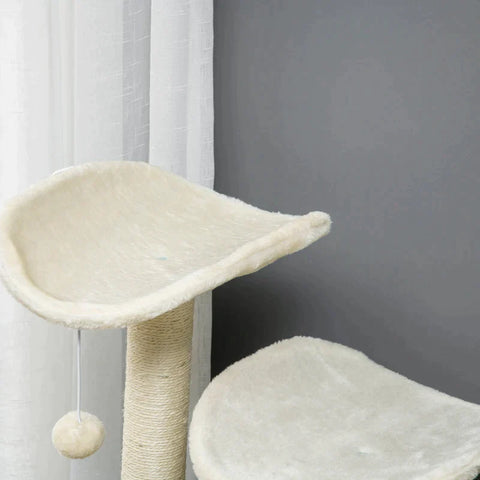 Rootz Scratching Post - With Cat Cave - Cat Tree - Two Platforms - Two Scratching Posts - Plush Cover - Creamy White - 48 x 48 x 110cm