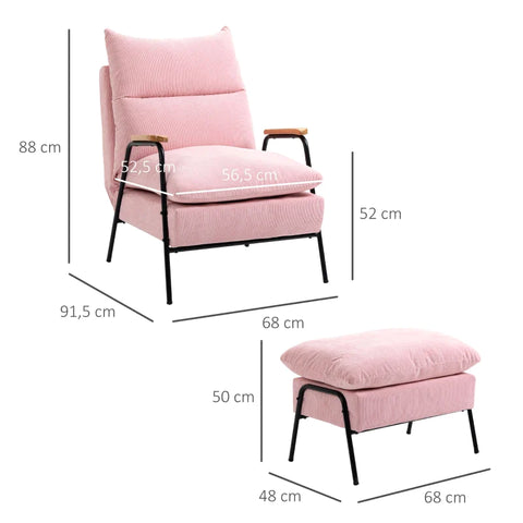 Rootz Fauteuil Met Poef - Inclusief Kussens - Relaxstoel Met Kruk - Vleugelstoel - Roze - 68 cm x 91,5 cm x 88 cm