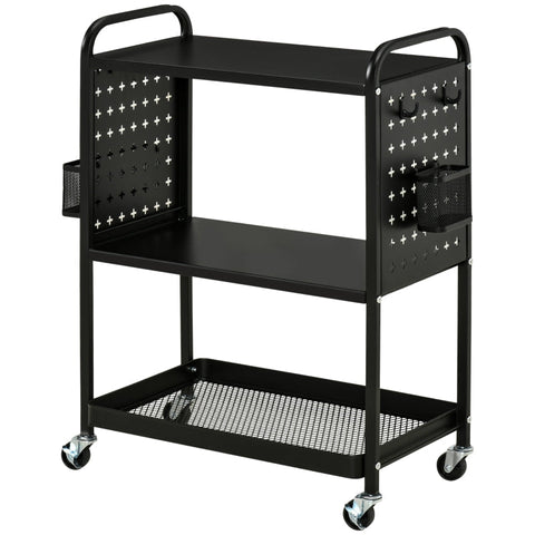 Rootz Kitchen Trolley - Trolley - Outdoor Serving Trolley - Serving Trolley - 3 Shelves Trolley - Steel - Black - 70 x 33.4 x 80.5 cm