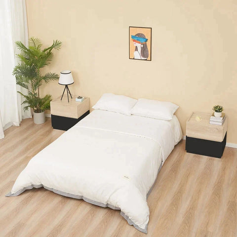 Rootz Bedside Table - Coffee Table With Drawer - Black + Natural - 50 cm x 4 cm x 47.5 cm