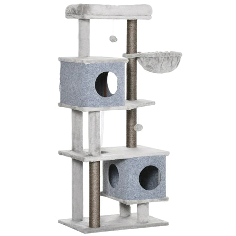 Rootz Scratching Post - Two Houses - Two Platforms - Play Ball - Lounger Basket - Anti-tip - Sisal - Grey - 60 x 40 x 142cm