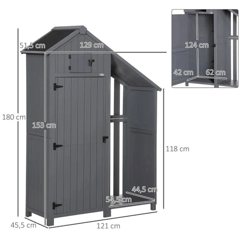 Rootz Tool Shed With Firewood Compartment - Storage Cabinet - Fir Wood - Grey + Black - 129L x 51.5W x 180H cm