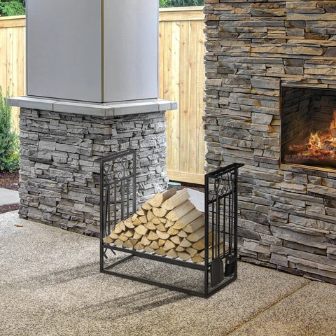 Rootz Firewood Stand With Fireplace Cutlery - Firewood Rack - Fireplace Tool - Steel - Black - 75 x 30 x 60 cm