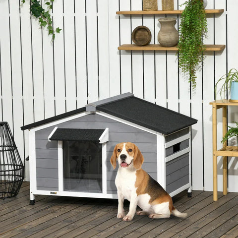 Rootz Solid Wood Dog Kennel - Weather Resistant - Asphalt Roof - Removable Base - Gray + White - 109cm x 79cm x 72cm