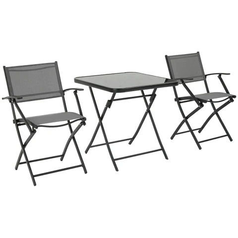 Rootz Foldable 3-piece Seating Group - Garden Table Set - Balcony Set - Balcony Furniture - 1 Table + 2 Chairs - Garden Furniture Set - Seating Set - Metal - Mesh Black + Grey - 60L x 60W x 70H cm