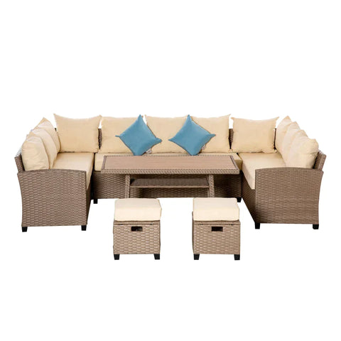 Rootz Sofa Set - 3 Zits Bank Met Armleuning - Salontafel - Krukken - Zitkussens - Zitgroep Gemaakt Van PE Rotan - Bruin - 174cm x 61cm x 72cm