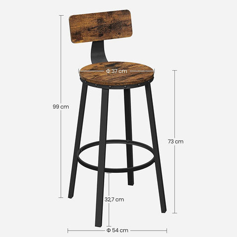 Rootz Set Of 2 Bar Stools - Bar Chair - Industrial Design - Stable - Comfortable For Sitting - Rustic Style - Chipboard - Steel - Vintage Brown-black - 54 x 99 cm (Ø x H)