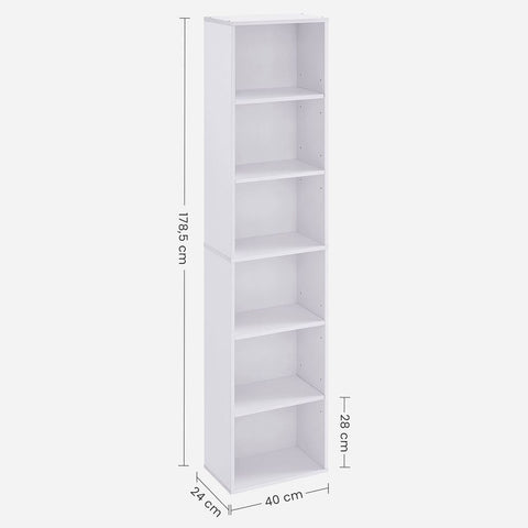 Rootz Bookshelf - Standing Shelf - Bookshelf With 6 Compartments - Corner Bookshelf - Open Bookshelf - Chipboard - White - 40 x 24 x 178.5 cm