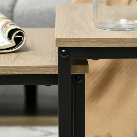 Rootz Nesting Table - Set Of 3 Side Tables - Industrial Design - Black Steel Frame - Table Top In Wood Look - Chipboard - Natural Wood - 45L x 45W x 44H cm