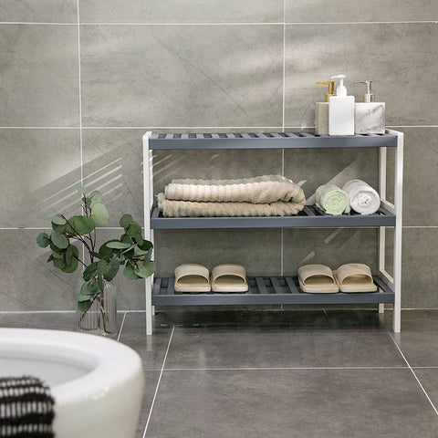 Rootz Schuhregal – Schuhregal mit 3 Regalen – Bambus-Schuhregal – großes Schuhregal – Schuh-Organizer – Schuhaufbewahrungsregal – Schuhpräsentationsregal – Weiß/Grau – 70 x 55 x 26 cm