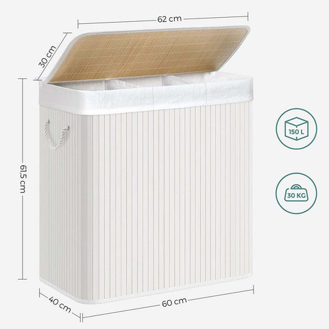 Rootz Laundry Basket - Laundry Basket With 3 Compartments - Clothes Basket - Laundry Storage - Collapsible Laundry Basket - Natural - 60 x 40 x 61.5 cm