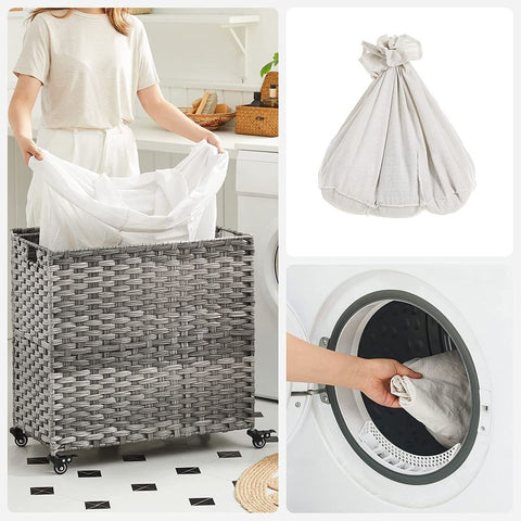 Rootz Laundry Basket - Compact Laundry Basket - Portable Laundry Basket - Stylish Laundry Basket - Laundry Basket With Wheels - Washing Basket - Grey - 66 x 33 x 60 cm
