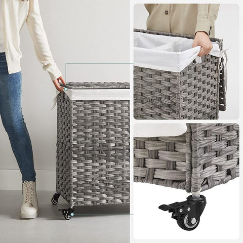 Rootz Laundry Basket - Compact Laundry Basket - Portable Laundry Basket - Stylish Laundry Basket - Laundry Basket With Wheels - Washing Basket - Grey - 66 x 33 x 60 cm