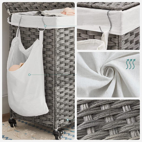 Rootz Laundry Basket - Compact Laundry Basket - Portable Laundry Basket - Stylish Laundry Basket - Laundry Basket With Wheels - Washing Basket - Grey - 66 x 33 x 60 cm