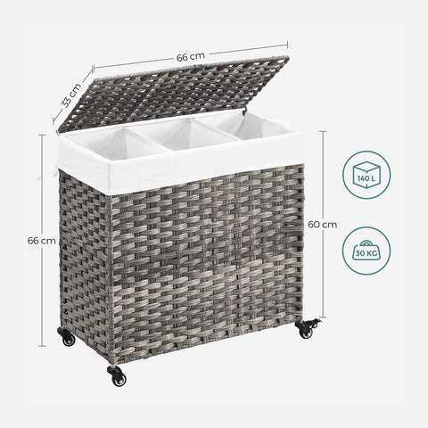 Rootz Laundry Basket - Compact Laundry Basket - Portable Laundry Basket - Stylish Laundry Basket - Laundry Basket With Wheels - Washing Basket - Grey - 66 x 33 x 60 cm