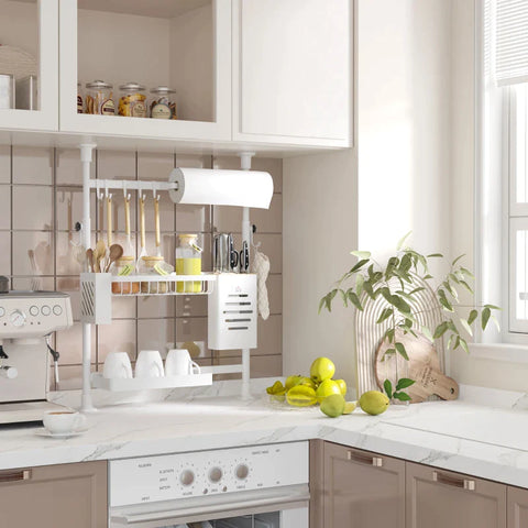 Rootz Kitchen Cabinets - Knife Holder Hook - Rustproof - Clamp Design - Kitchen Roll Holder - Metal Frame - White - 56L x 16.5W x 61-94H cm