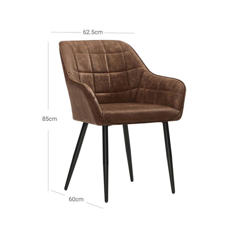 Rootz Eetkamerstoel - Met armleuningen en PU-hoes - Eetkamerstoel - Comfortabele eetkamerstoel - Elegante fauteuil - Metalen poten met poedercoating - Houten plank - Donkerbruin - 62,5 x 60 x 85 cm (L x B x H)