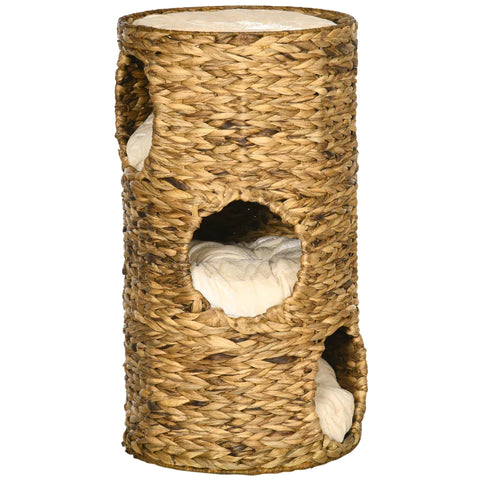 Rootz Cat Cave - 3 Tier 3 Entrance - Boho Design with Cushion - Light Brown + Cream White - 40cm x 40cm x 73cm
