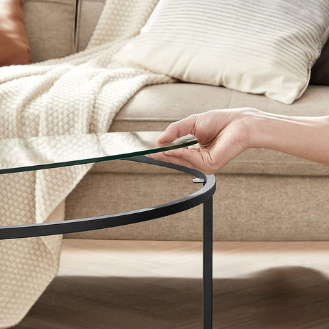 Rootz Couchtisch – runder Couchtisch – runder Couchtisch – Couchtisch mit Glasplatte – industrieller Couchtisch – Designer-Couchtisch – Stahl – gehärtetes Glas – Schwarz – 84 x 45,5 cm (Ø x H)