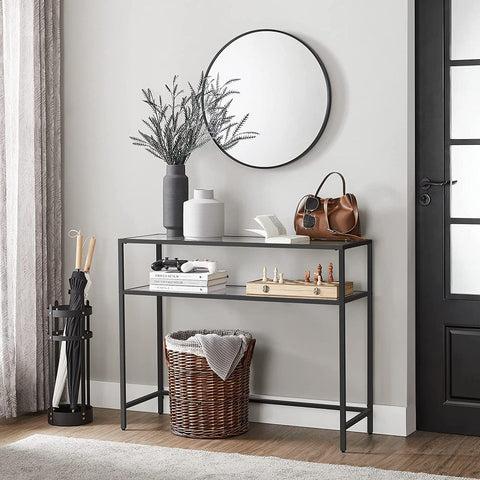 Rootz Console Table - Console Table With 2 Shelves - Entryway Table - Hallway Table - Sofa Table - Modern Console Table - Industrial Hallway Table - Accent Table - Metal - Glass - Black - 100 x 35 x 80 cm (L x W x H)