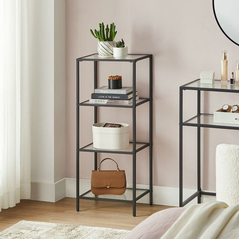 Rootz Standing Shelf - Metal Shelf - Free-standing Shelving Unit - With 4 Shelves - Metal/Glass - Black - 40 x 30 x 95 cm