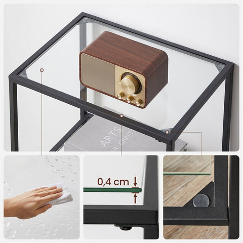 Rootz Standing Shelf - Metal Shelf - Free-standing Shelving Unit - With 4 Shelves - Metal/Glass - Black - 40 x 30 x 95 cm