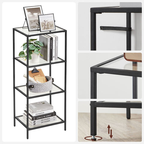 Rootz Standing Shelf - Metal Shelf - Free-standing Shelving Unit - With 4 Shelves - Metal/Glass - Black - 40 x 30 x 95 cm