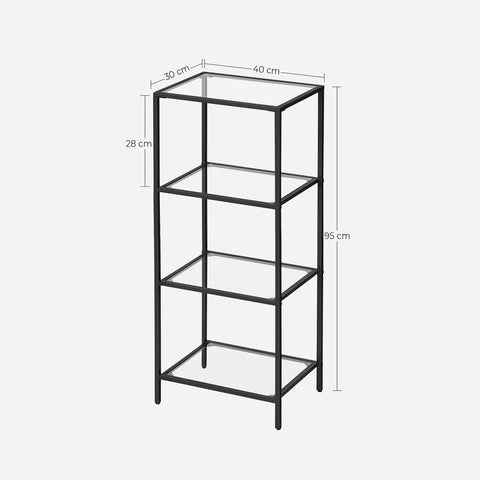 Rootz Standing Shelf - Metal Shelf - Free-standing Shelving Unit - With 4 Shelves - Metal/Glass - Black - 40 x 30 x 95 cm