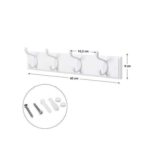 Rootz Wall Coat Rack - Coat Rack - 4 Hooks Wall Coat Rack - Coat Rack - Wall-Mounted Coat Rack - Hanging Coat Rack - White - 40 x 9 x 7 cm