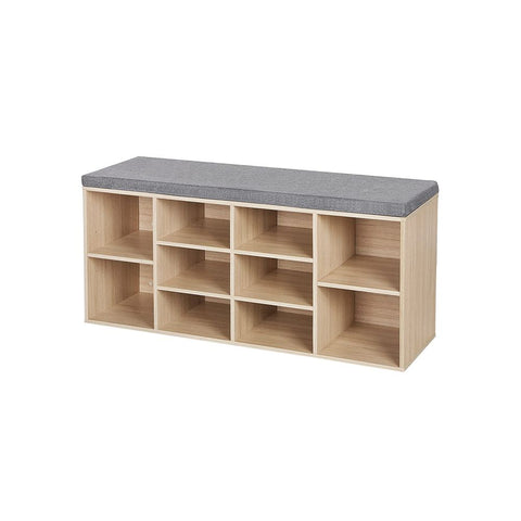 Rootz Shoe Bench - Padded Shoe Bench - 10 Compartments - Entryway Shoe Bench - Shoe Storage Bench - Shoe Rack With Cushion - Hallway - Entryway - Imitation Linen - Foam - Chipboard - Wood Look - 104 x 30 x 48 cm (L x W x H)