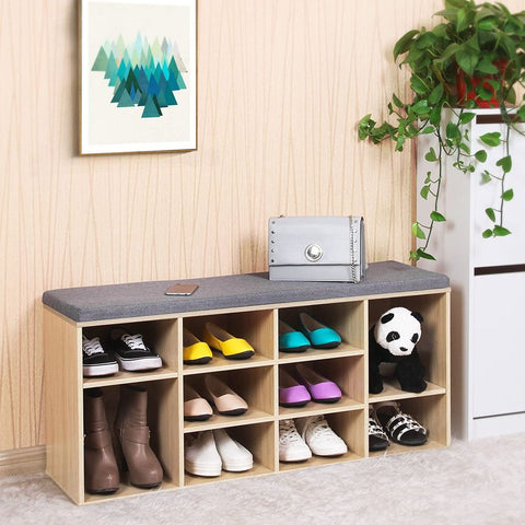 Rootz Shoe Bench - Padded Shoe Bench - 10 Compartments - Entryway Shoe Bench - Shoe Storage Bench - Shoe Rack With Cushion - Hallway - Entryway - Imitation Linen - Foam - Chipboard - Wood Look - 104 x 30 x 48 cm (L x W x H)
