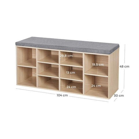 Rootz Shoe Bench - Padded Shoe Bench - 10 Compartments - Entryway Shoe Bench - Shoe Storage Bench - Shoe Rack With Cushion - Hallway - Entryway - Imitation Linen - Foam - Chipboard - Wood Look - 104 x 30 x 48 cm (L x W x H)
