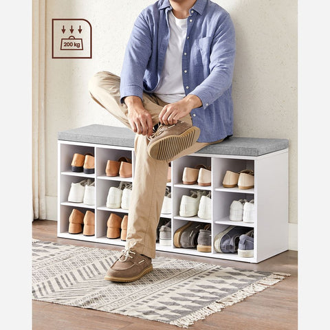 Rootz Shoe Bench - Shoe Bench With 15 Compartments - Shoe Rack Bench - Shoe Storage Bench - Entryway Shoe Bench - Wooden Shoe Bench - Chipboard - Foam - White-grey - 105 x 30 x 48 cm (L x W x H)