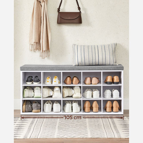 Rootz Shoe Bench - Shoe Bench With 15 Compartments - Shoe Rack Bench - Shoe Storage Bench - Entryway Shoe Bench - Wooden Shoe Bench - Chipboard - Foam - White-grey - 105 x 30 x 48 cm (L x W x H)