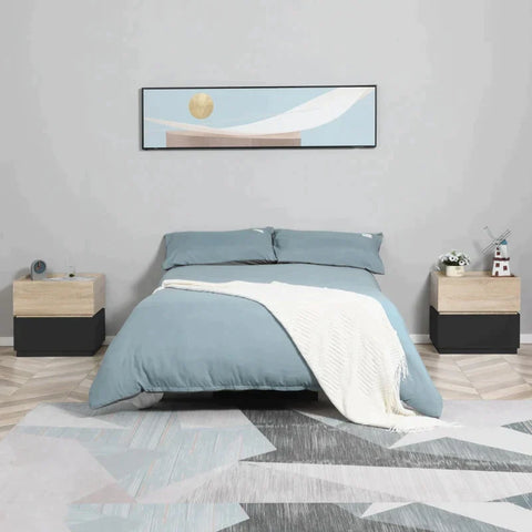 Rootz Bedside Table - Coffee Table With Drawer - Black + Natural - 50 cm x 4 cm x 47.5 cm