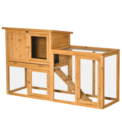 Rootz Small Animal Hutch - Rabbit Hutch - With Outdoor Enclosure - Removable Floor Pan - Weather Resistant - Fir Wood - Brown - 141cm x 60cm x 86cm