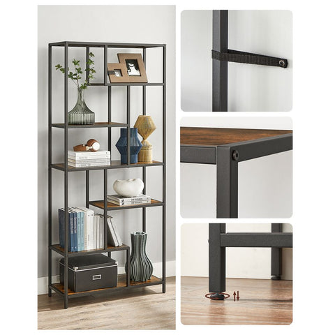 Rootz Bookcase - Bookshelf - Wooden Bookshelf - Open Bookshelf - Display Bookcase - Wall-mounted Bookshelf - Vintage Brown-black - 30 x 80 x 180 cm