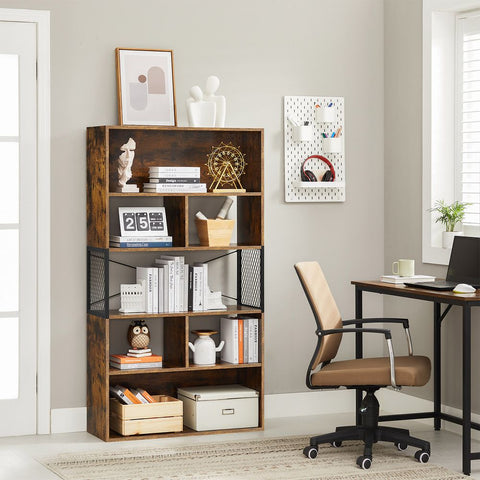 Rootz Bookcase - 5 Tiers Bookcase - Industrial Style Bookcase - Wooden Bookcase - Wall-mounted Bookcase - Corner Bookcase - Chipboard - Steel - Brown-black - 80 x 30 x 150.5 cm (L x W x H)