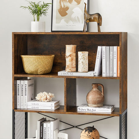 Rootz Bookcase - 5 Tiers Bookcase - Industrial Style Bookcase - Wooden Bookcase - Wall-mounted Bookcase - Corner Bookcase - Chipboard - Steel - Brown-black - 80 x 30 x 150.5 cm (L x W x H)